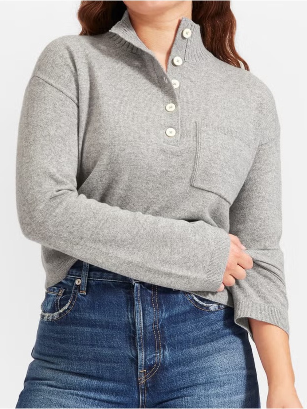 Everlane Gray Button-Front Mock Neck Pullover